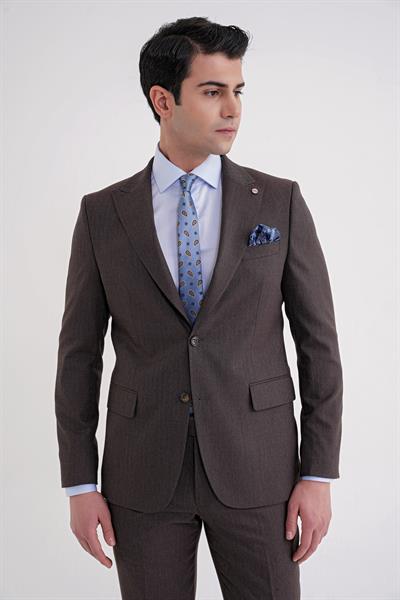 Slim Fit Çift Yırtmaç Sivri Yaka Esnek Kahverengi  Klasik Takım Elbise TK 939