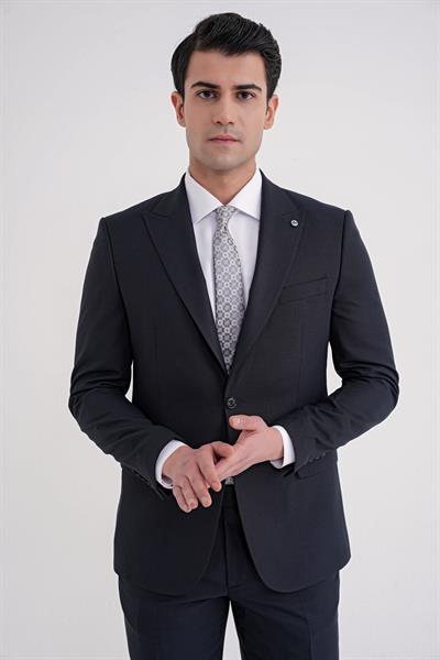 Slim Fit Çift Yırtmaç Sivri Yaka Esnek Lacivert Klasik Takım Elbise TK 939
