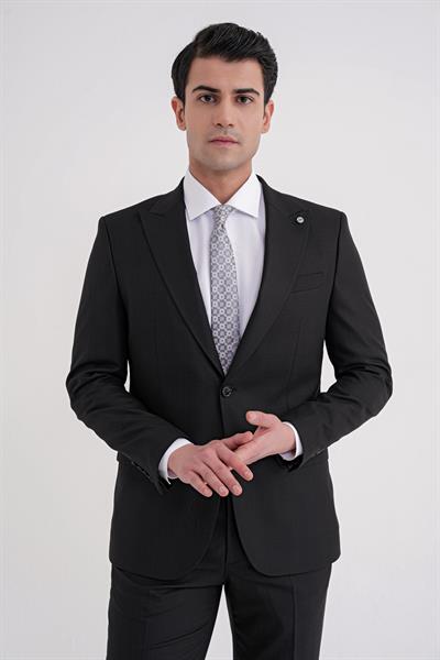 Slim Fit Çift Yırtmaç Sivri Yaka Esnek Siyah Klasik Takım Elbise TK 939