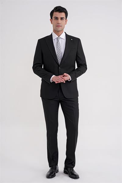 Slim Fit Çift Yırtmaç Sivri Yaka Esnek Siyah Klasik Takım Elbise TK 939