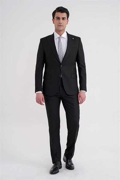 Slim Fit Çift Yırtmaç Sivri Yaka Esnek Siyah Klasik Takım Elbise TK 939