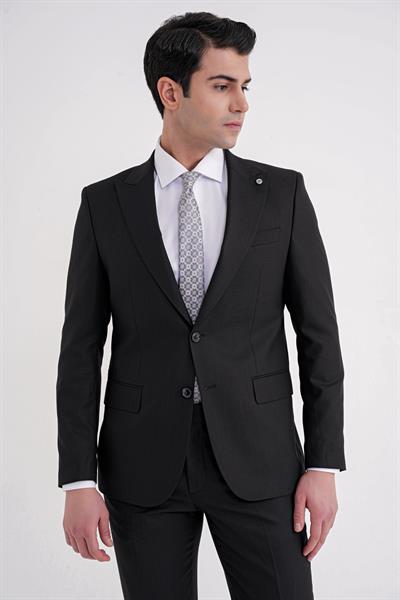 Slim Fit Çift Yırtmaç Sivri Yaka Esnek Siyah Klasik Takım Elbise TK 939