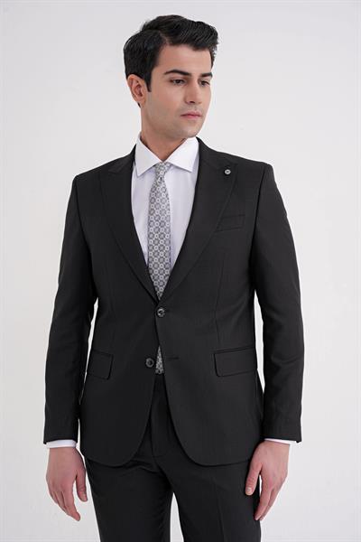 Slim Fit Çift Yırtmaç Sivri Yaka Esnek Siyah Klasik Takım Elbise TK 939