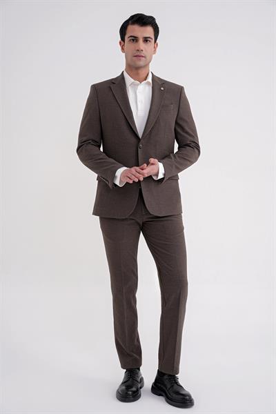 Slim Fit Çift Yırtmaç Gofre Kumaş Esnek Kahverengi Spor Takım Elbise TK 940