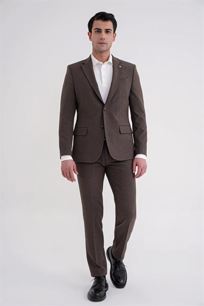 Slim Fit Çift Yırtmaç Gofre Kumaş Esnek Kahverengi Spor Takım Elbise TK 940