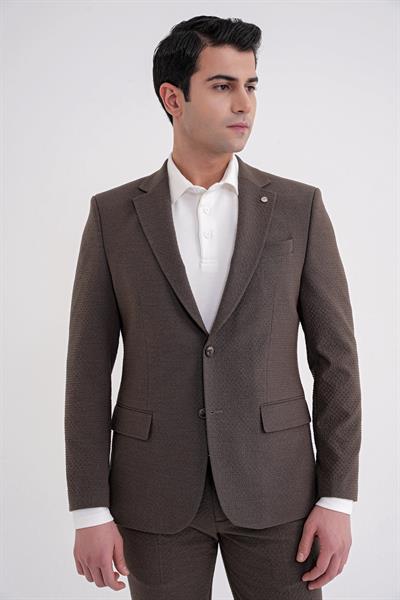 Slim Fit Çift Yırtmaç Gofre Kumaş Esnek Kahverengi Spor Takım Elbise TK 940