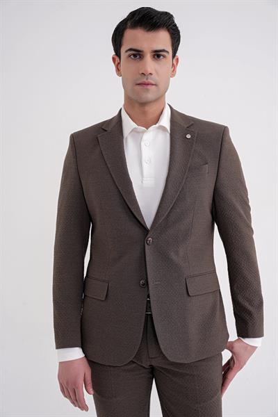 Slim Fit Çift Yırtmaç Gofre Kumaş Esnek Kahverengi Spor Takım Elbise TK 940