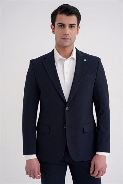 Slim Fit Çift Yırtmaç Gofre Kumaş Esnek Lacivert Spor Takım Elbise TK 940