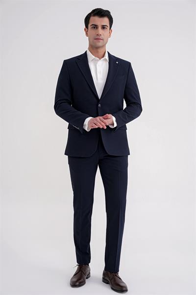 Slim Fit Çift Yırtmaç Gofre Kumaş Esnek Lacivert Spor Takım Elbise TK 940