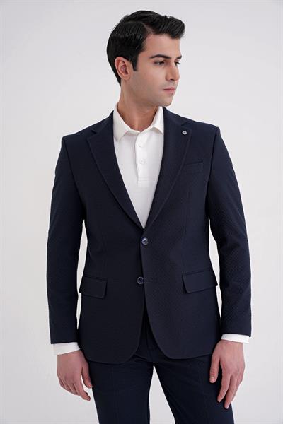 Slim Fit Çift Yırtmaç Gofre Kumaş Esnek Lacivert Spor Takım Elbise TK 940