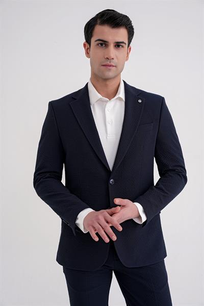 Slim Fit Çift Yırtmaç Gofre Kumaş Esnek Lacivert Spor Takım Elbise TK 940