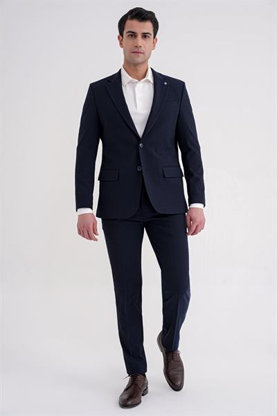 Slim Fit Çift Yırtmaç Gofre Kumaş Esnek Lacivert Spor Takım Elbise TK 940
