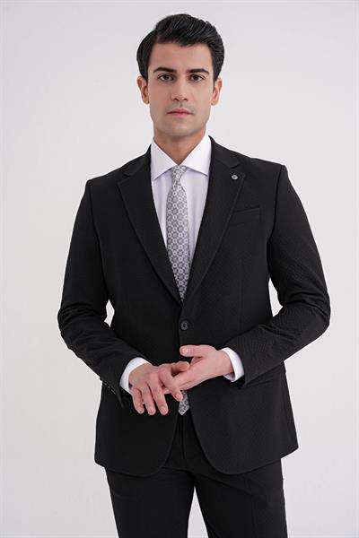 Slim Fit Çift Yırtmaç Gofre Kumaş Esnek Siyah Spor Takım Elbise TK 940