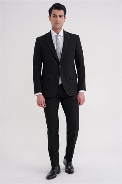 Slim Fit Çift Yırtmaç Gofre Kumaş Esnek Siyah Spor Takım Elbise TK 940