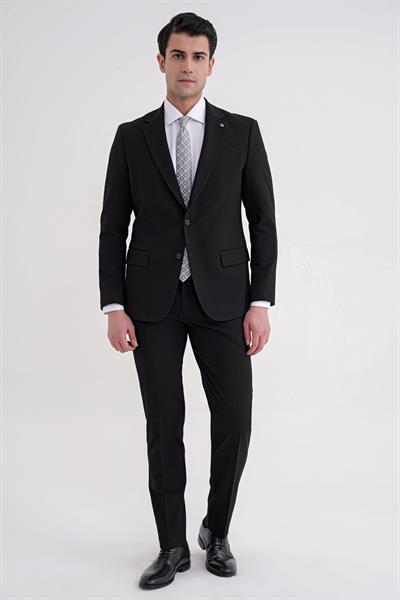 Slim Fit Çift Yırtmaç Gofre Kumaş Esnek Siyah Spor Takım Elbise TK 940