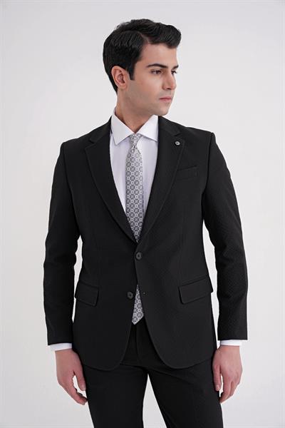 Slim Fit Çift Yırtmaç Gofre Kumaş Esnek Siyah Spor Takım Elbise TK 940