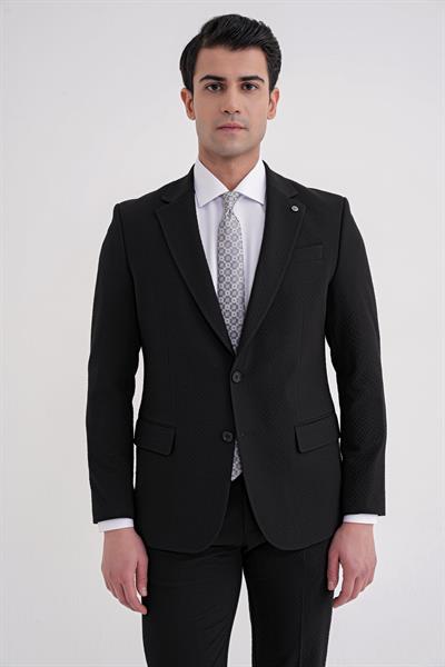 Slim Fit Çift Yırtmaç Gofre Kumaş Esnek Siyah Spor Takım Elbise TK 940