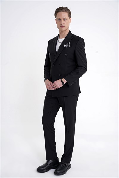 Slim Fit Çift Yırtmaç %95 Pamuk Sık Çizgili Siyah Kruvaze Takım Elbise TK 944