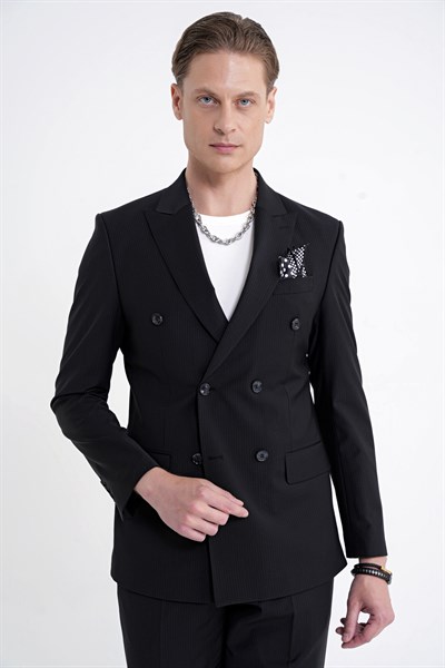 Slim Fit Çift Yırtmaç %95 Pamuk Sık Çizgili Siyah Kruvaze Takım Elbise TK 944