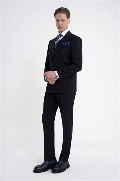 Slim Fit Çift Yırtmaç %95 Pamuk Lacivert Çizgili Kruvaze Takım Elbise TK 945
