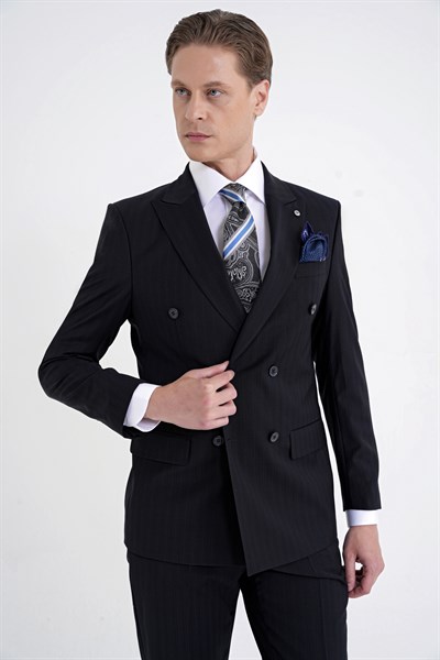 Slim Fit Çift Yırtmaç %95 Pamuk Lacivert Çizgili Kruvaze Takım Elbise TK 945