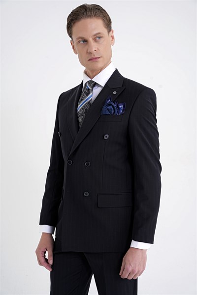 Slim Fit Çift Yırtmaç %95 Pamuk Lacivert Çizgili Kruvaze Takım Elbise TK 945