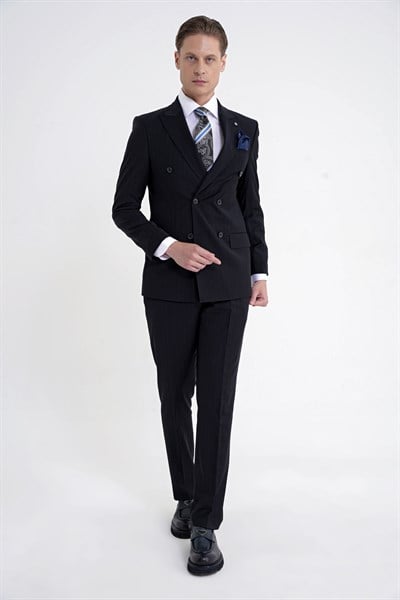 Slim Fit Çift Yırtmaç %95 Pamuk Lacivert Çizgili Kruvaze Takım Elbise TK 945