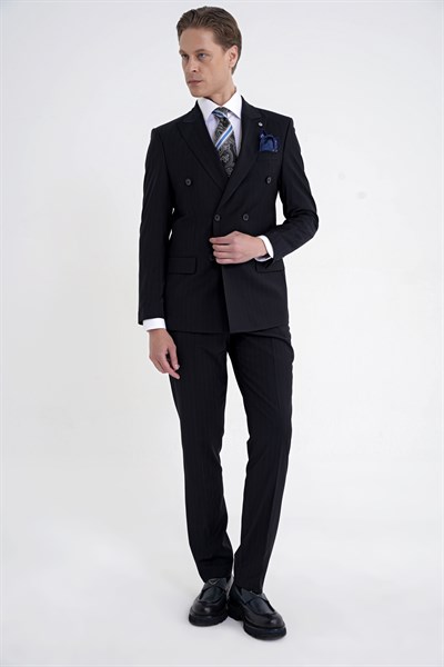 Slim Fit Çift Yırtmaç %95 Pamuk Lacivert Çizgili Kruvaze Takım Elbise TK 945