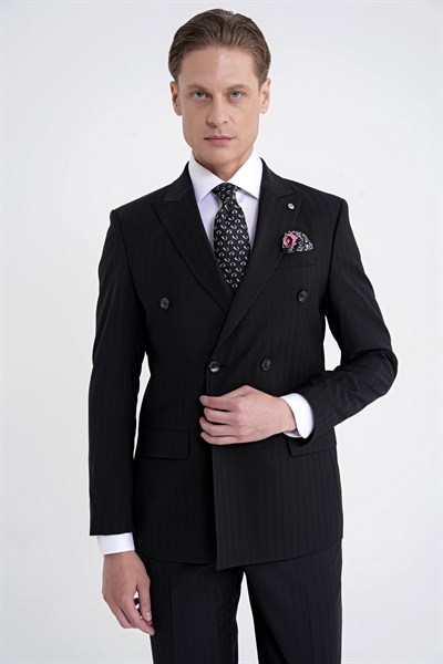 Slim Fit Çift Yırtmaç %95 Pamuk Siyah Çizgili Kruvaze Takım Elbise TK 945