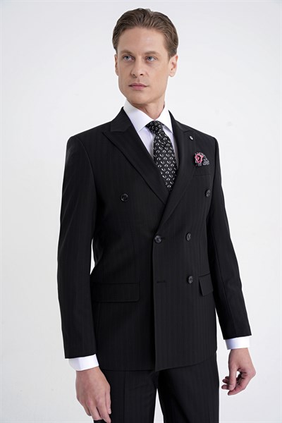 Slim Fit Çift Yırtmaç %95 Pamuk Siyah Çizgili Kruvaze Takım Elbise TK 945