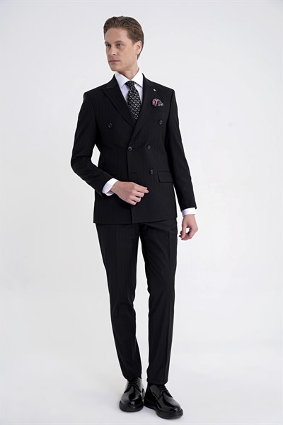 Slim Fit Çift Yırtmaç %95 Pamuk Siyah Çizgili Kruvaze Takım Elbise TK 945