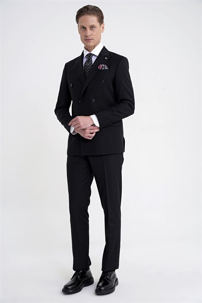 Slim Fit Çift Yırtmaç %95 Pamuk Siyah Çizgili Kruvaze Takım Elbise TK 945