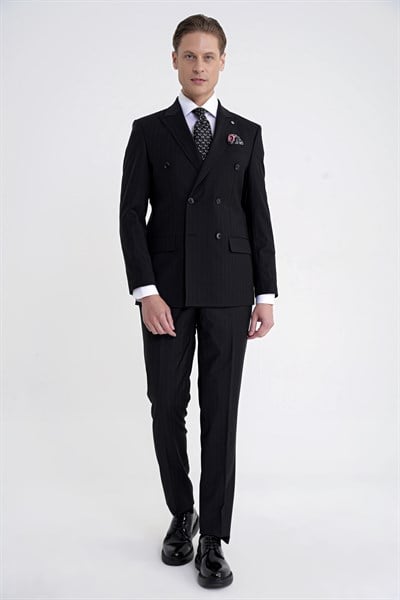 Slim Fit Çift Yırtmaç %95 Pamuk Siyah Çizgili Kruvaze Takım Elbise TK 945