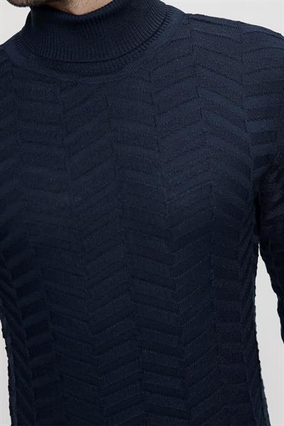 Slim Fit Kalın Balıksırtı Desenli Lacivert Yünlü Balıkçı Yaka Triko Kazak TR 836