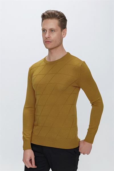 Slim Fit Baklava Desenli Camel Yünlü Bisiklet Yaka Triko Kazak TR 837