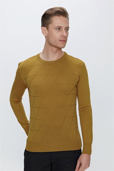 Slim Fit Baklava Desenli Camel Yünlü Bisiklet Yaka Triko Kazak TR 837