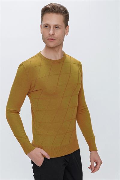 Slim Fit Baklava Desenli Camel Yünlü Bisiklet Yaka Triko Kazak TR 837