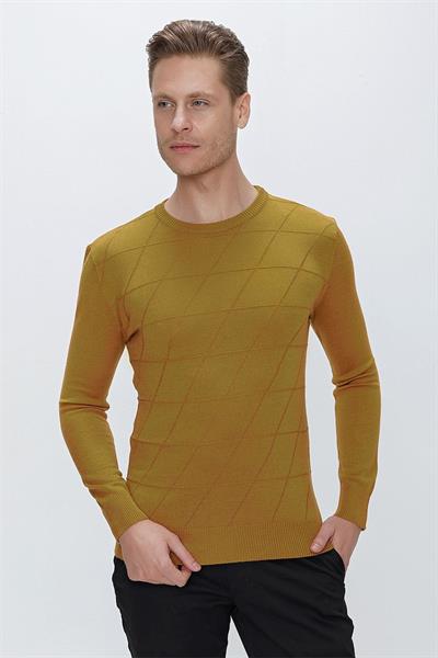 Slim Fit Baklava Desenli Camel Yünlü Bisiklet Yaka Triko Kazak TR 837