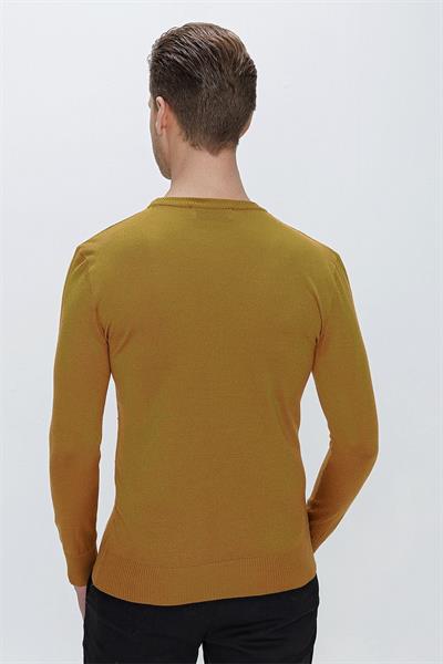 Slim Fit Baklava Desenli Camel Yünlü Bisiklet Yaka Triko Kazak TR 837