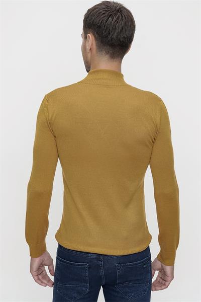 Slim Fit Baklava Desenli Camel Yünlü Yarım Balıkçı Triko Kazak TR 838