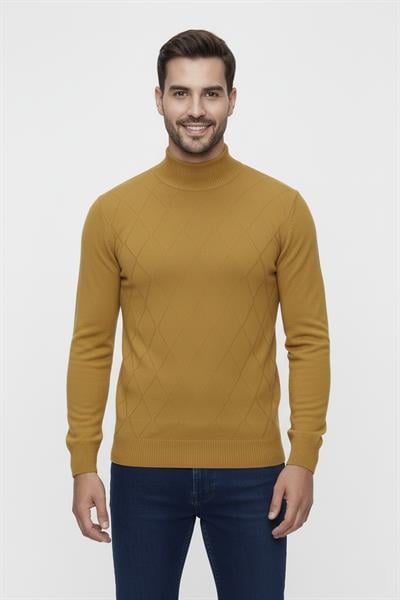 Slim Fit Baklava Desenli Camel Yünlü Yarım Balıkçı Triko Kazak TR 838