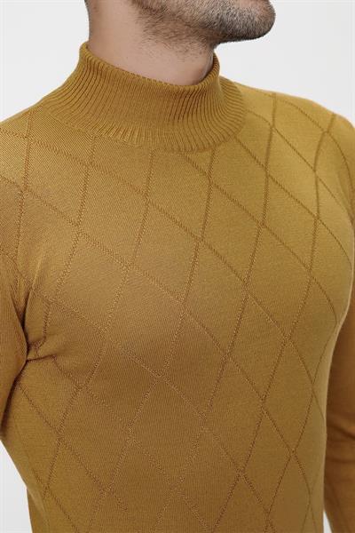 Slim Fit Baklava Desenli Camel Yünlü Yarım Balıkçı Triko Kazak TR 838