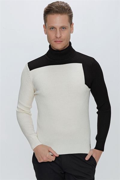 Slim Fit Fitilli Dokuma Blok Desenli Ekru Balıkçı Yaka Yünlü Triko Kazak TR 842