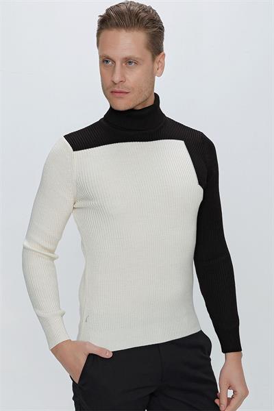 Slim Fit Fitilli Dokuma Blok Desenli Ekru Balıkçı Yaka Yünlü Triko Kazak TR 842