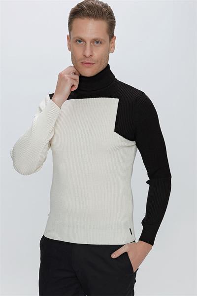 Slim Fit Fitilli Dokuma Blok Desenli Ekru Balıkçı Yaka Yünlü Triko Kazak TR 842