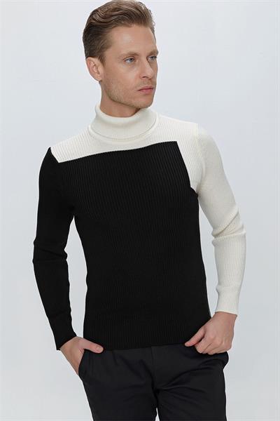Slim Fit Fitilli Dokuma Blok Desenli Siyah Balıkçı Yaka Yünlü Triko Kazak TR 842