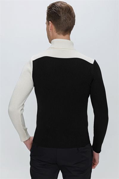 Slim Fit Fitilli Dokuma Blok Desenli Siyah Balıkçı Yaka Yünlü Triko Kazak TR 842