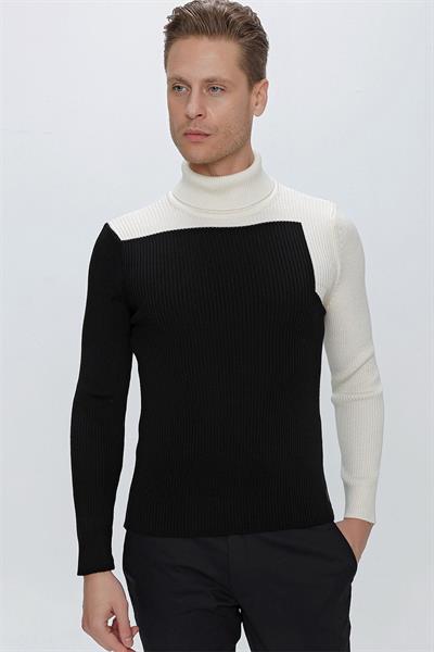 Slim Fit Fitilli Dokuma Blok Desenli Siyah Balıkçı Yaka Yünlü Triko Kazak TR 842