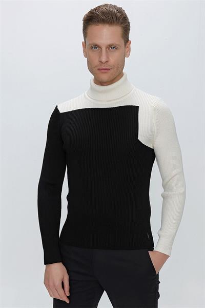 Slim Fit Fitilli Dokuma Blok Desenli Siyah Balıkçı Yaka Yünlü Triko Kazak TR 842