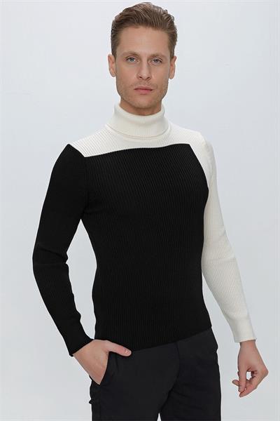 Slim Fit Fitilli Dokuma Blok Desenli Siyah Balıkçı Yaka Yünlü Triko Kazak TR 842